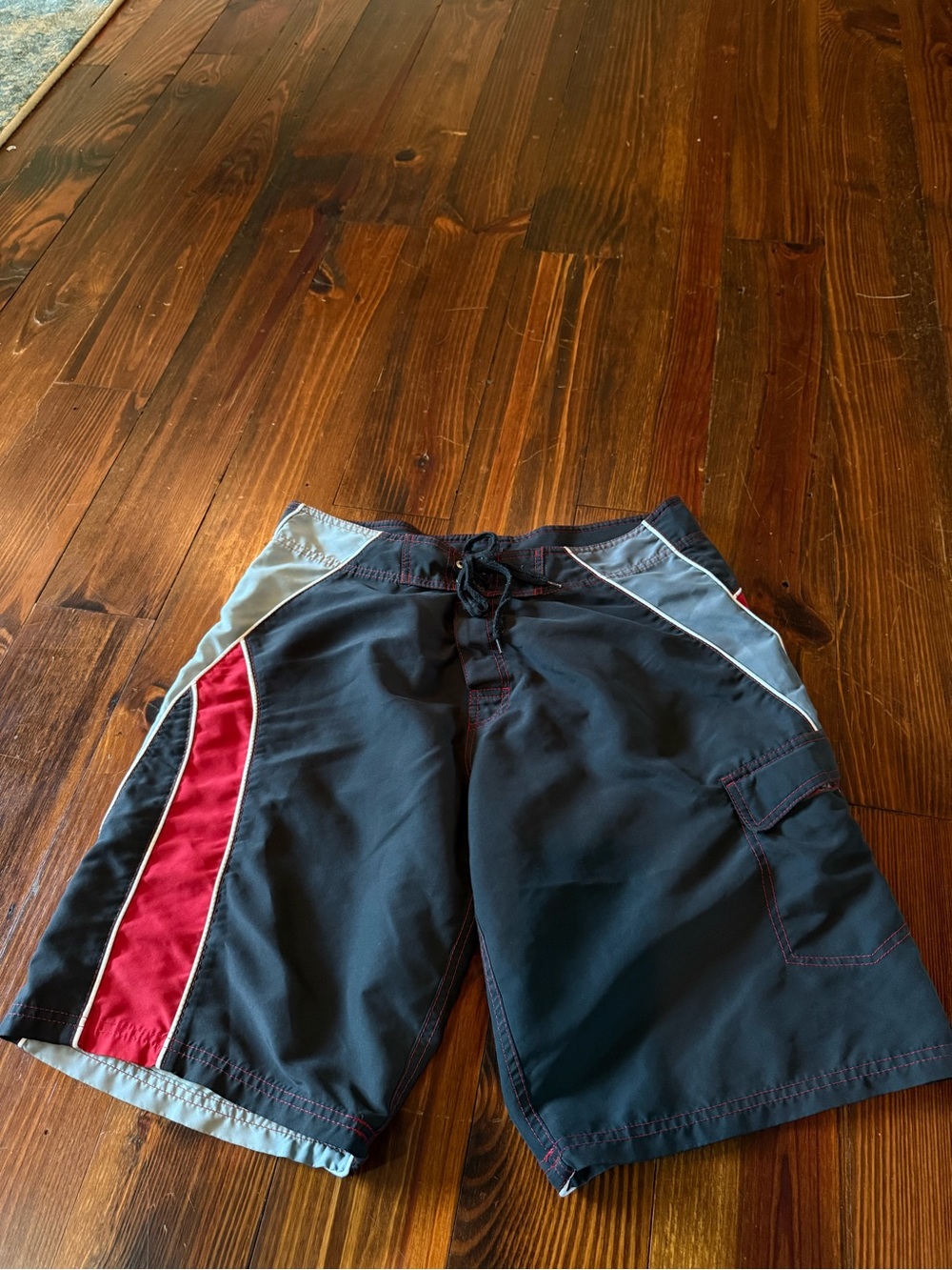 Arizona Jean Company Black Swim Board Shorts with Red and Gray Panels